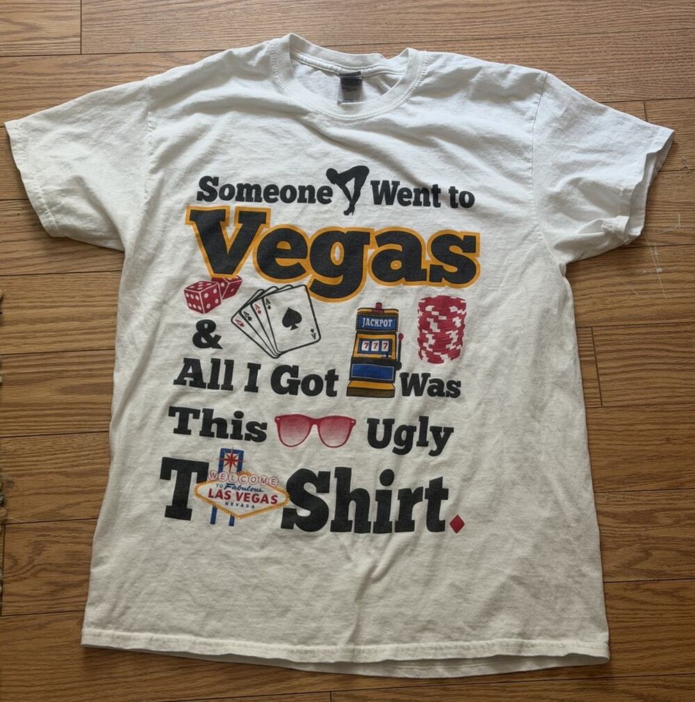 Vintage Las Vegas T-Shirt White Funny Tee Men’s Size Large Heavy Cotton 3733/19